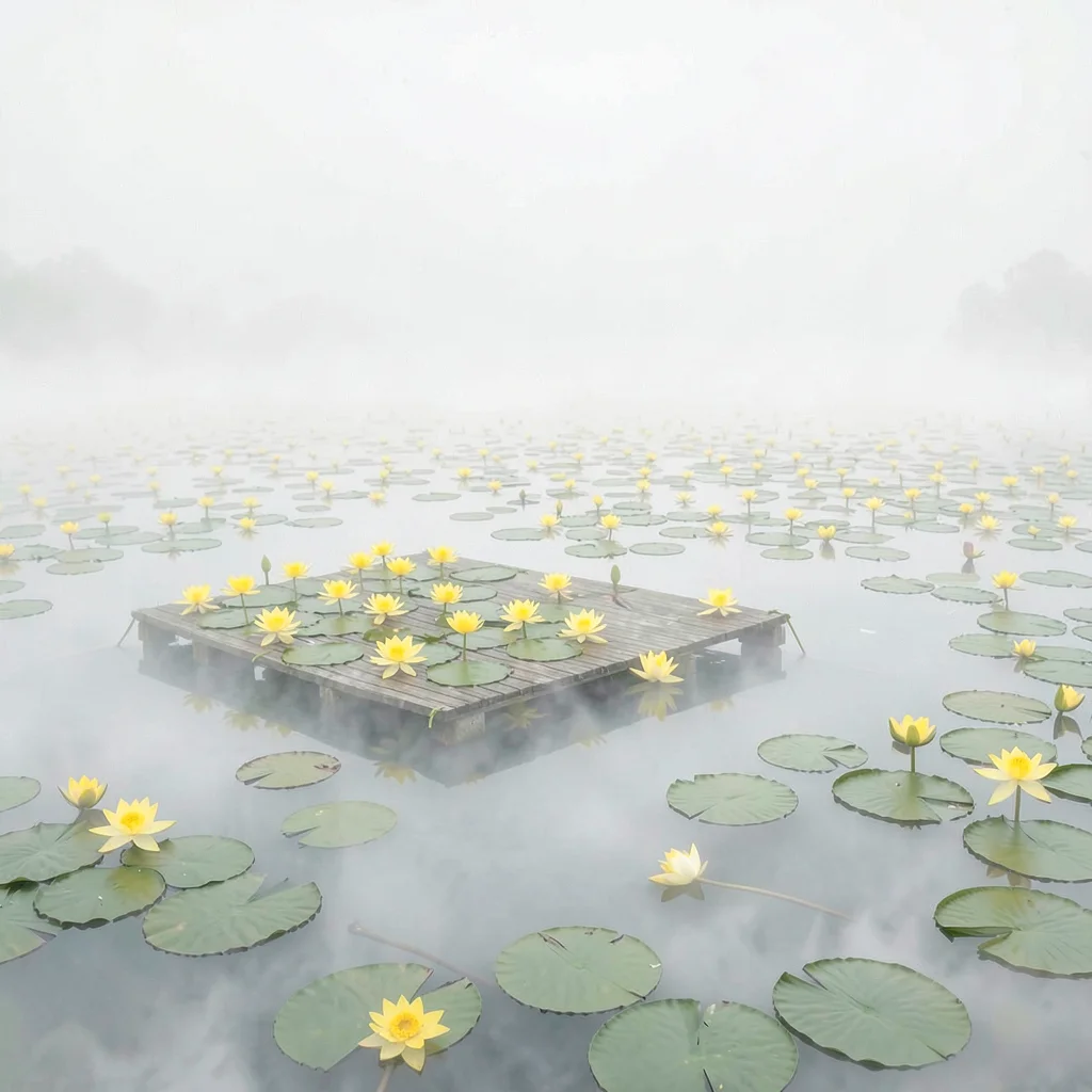 Floating raft of yellow water-lilies, the pond beyond uncountable, swallowed wit