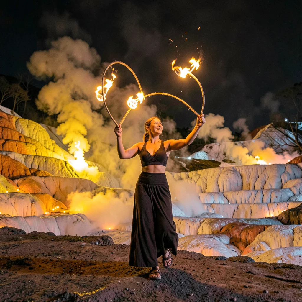 Rotorua geothermal landscape, active earth palette, Woman performing poi dance, 