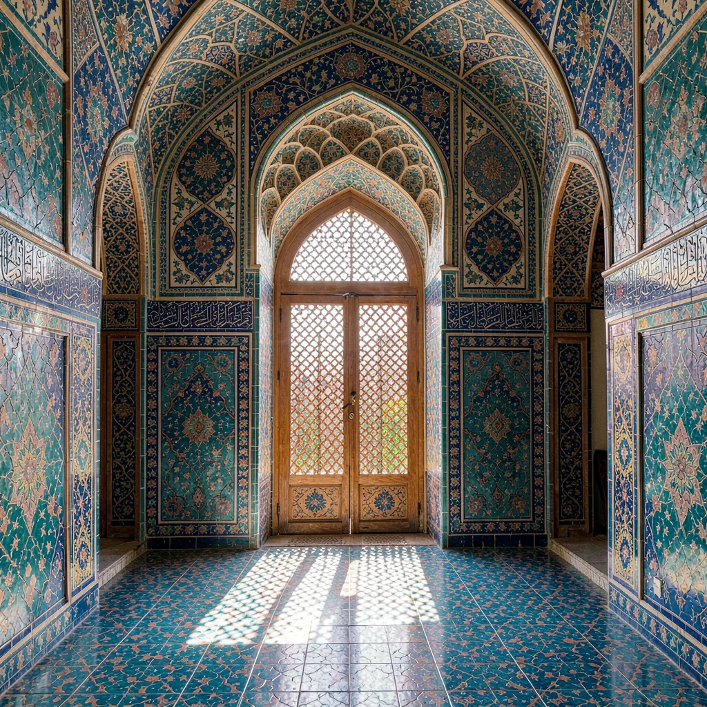 Isfahan Safavid tilework, turquoise geometric infinity, Sunlight streaming throu