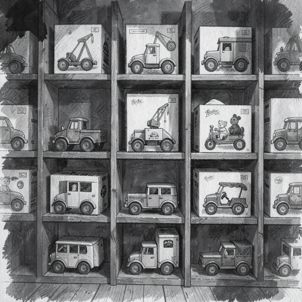 Charcoal of a wall of shelved boxed toys, soft darks pooling at the corners
