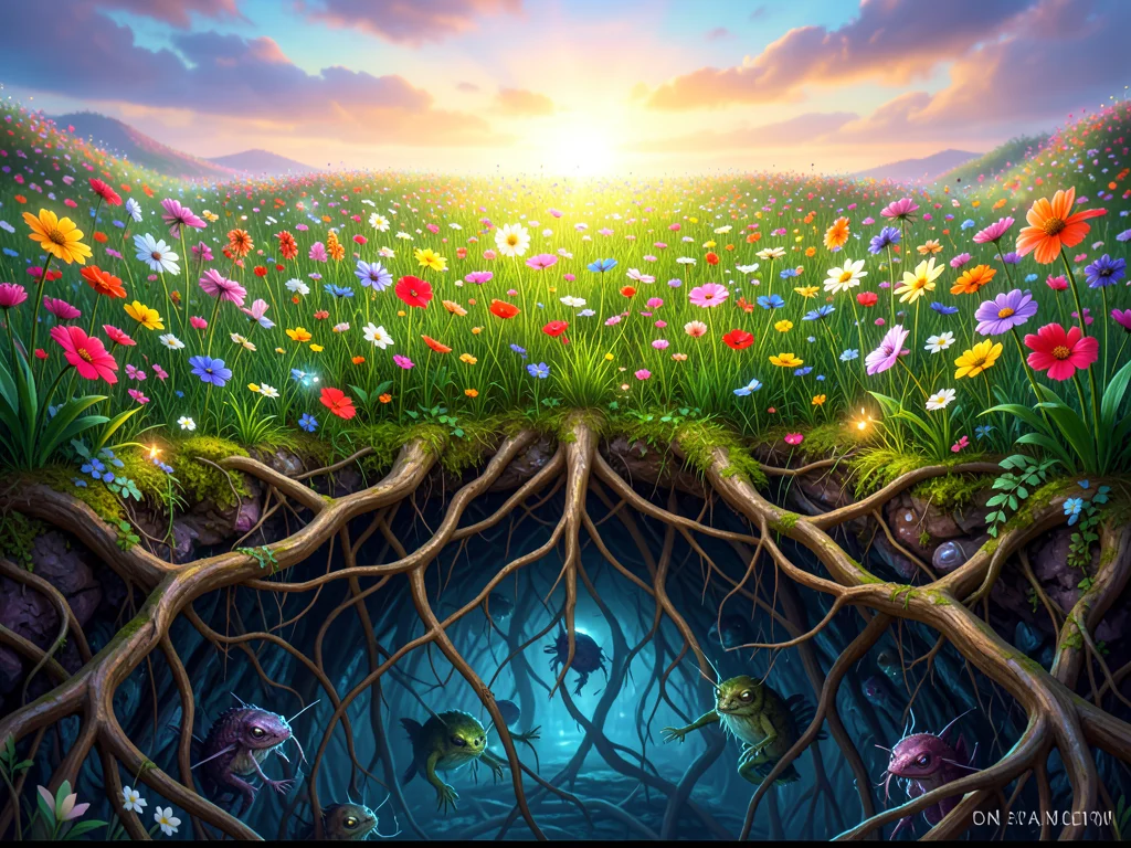 Meadow with flowers above, vast root network and underground creatures below
