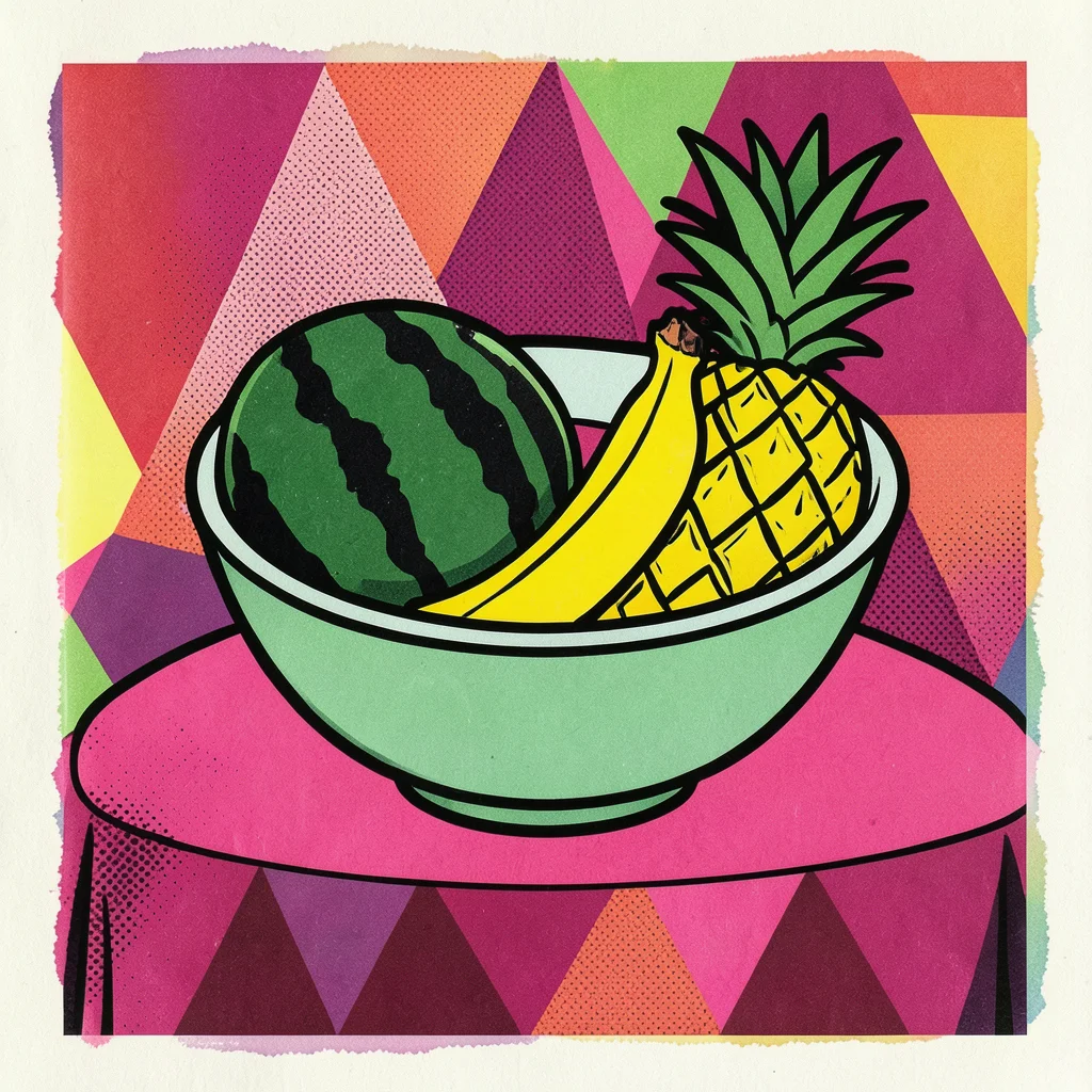 A fruit bowl containing a watermelon slice, two bananas, and a pineapple, each o