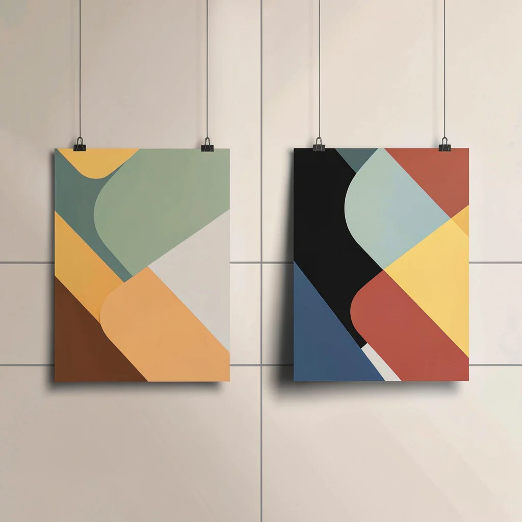 A before-and-after pair of two abstract poster designs side by side on warm neut