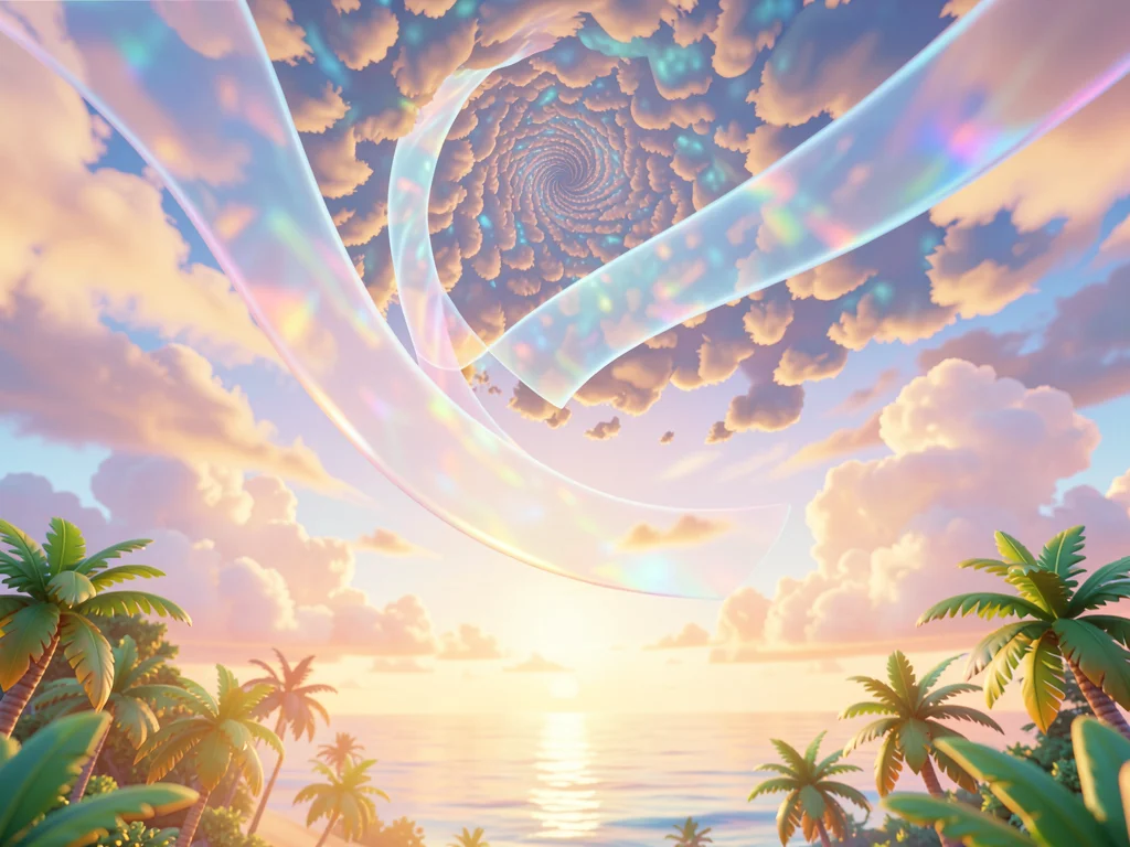 Ribbon-shaped translucent banner curling above a tropical horizon at golden hour