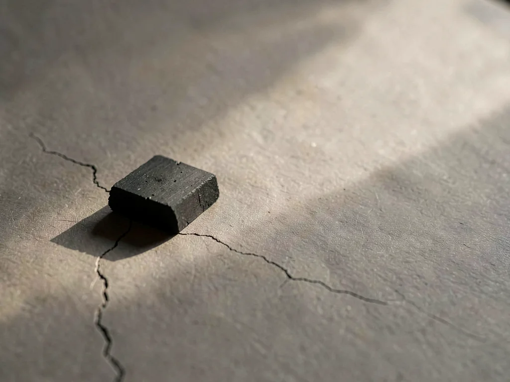 A single piece of black charcoal resting low-left on warm-grey paper, fissured s