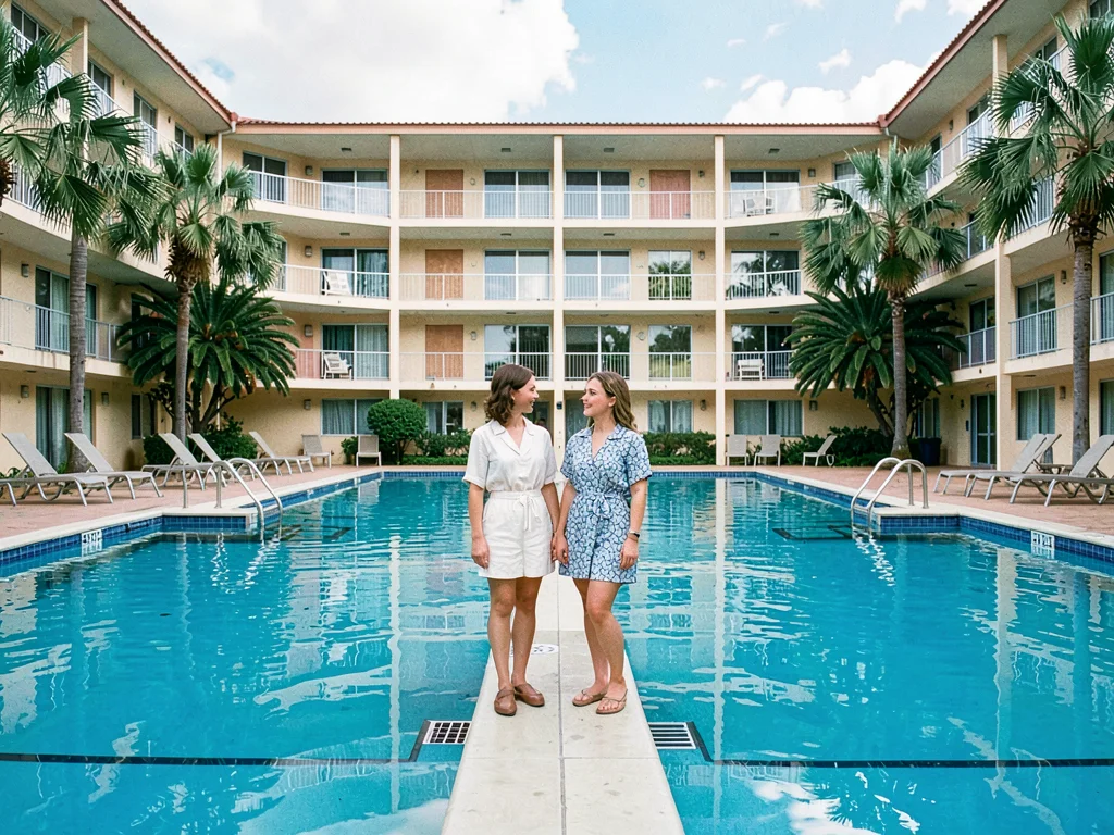 Twin sisters in matching outfits standing at exact center of motel pool, chlorin