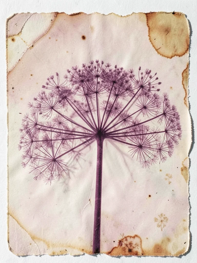 Queen Anne's lace pressed flat, intricate umbel structure like botanical x-ray i