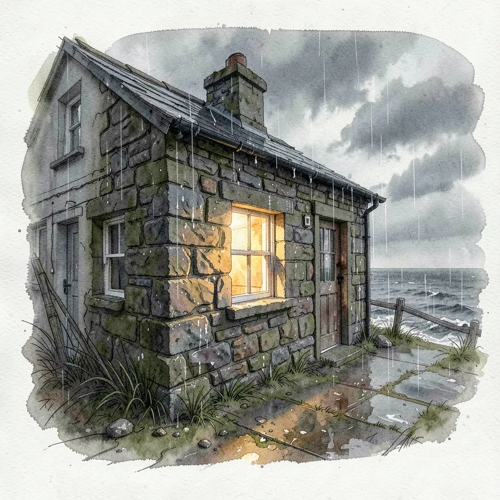 a Cornish wreckers' cottage at storm dusk, granite walls battered by rain, a sin