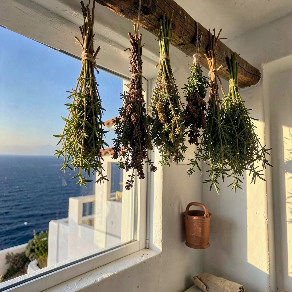 Mediterranean summer photograph, August dry heat, Dried herbs hanging in bunches