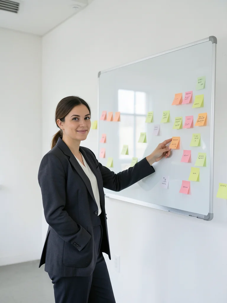 Confident woman in blazer presenting at a glass whiteboard covered in sticky not