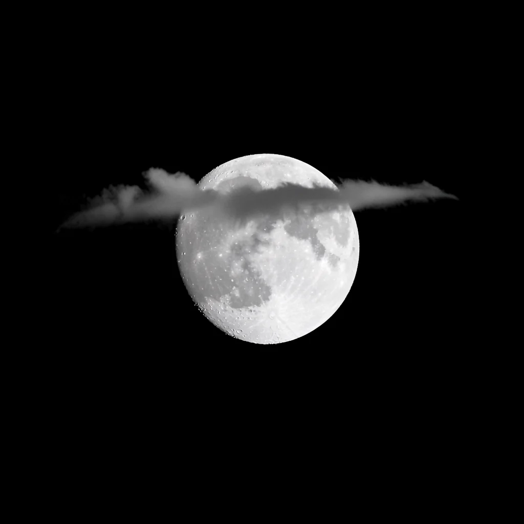 A full moon with a single thin cloud passing across, rest pure black void