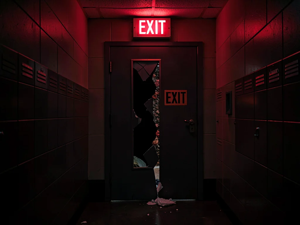 Janitor's closet door cracked, EXIT sign spilling in, the between-jobs solitude