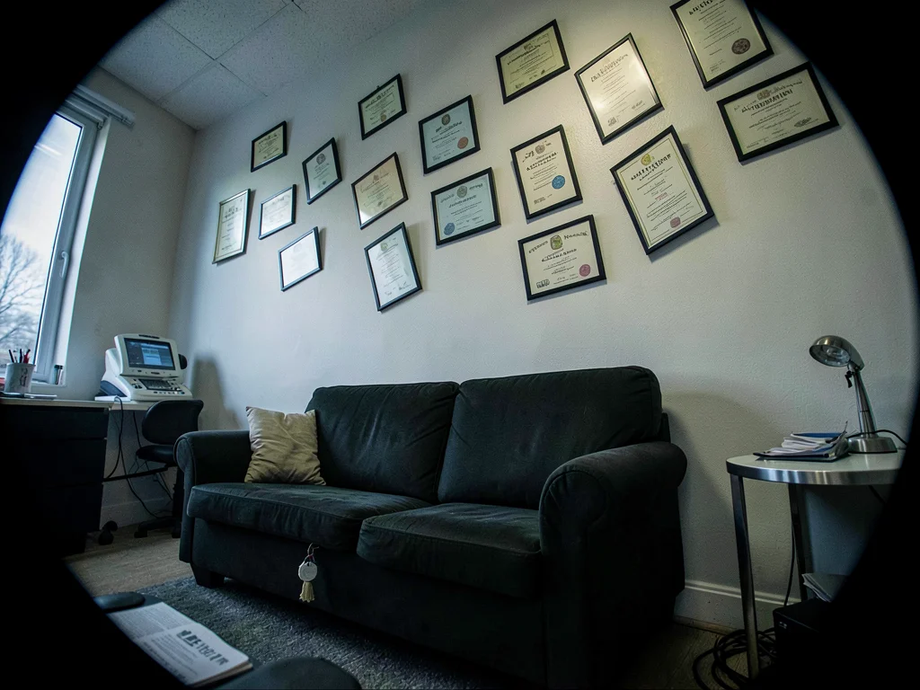 Therapist's office from the couch, the diplomas tilting off the wall