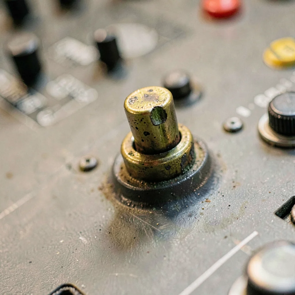 Detail of a tarnished brass switch toggle on a broadcast console