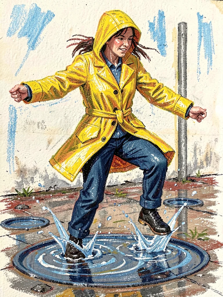 Woman in yellow raincoat jumping in puddles