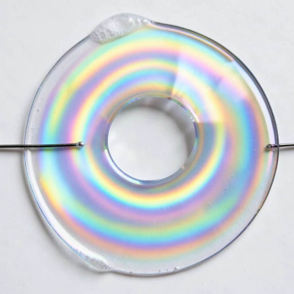 Soap film with a small hole beginning to open, rim of the hole retreating, thick