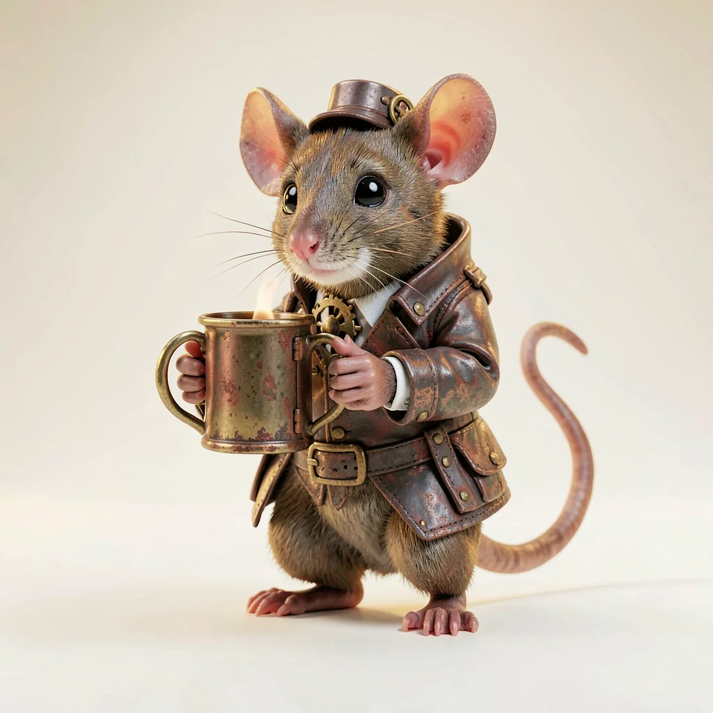 Whimsical illustration of a tiny barkeep mouse polishing a glass mug