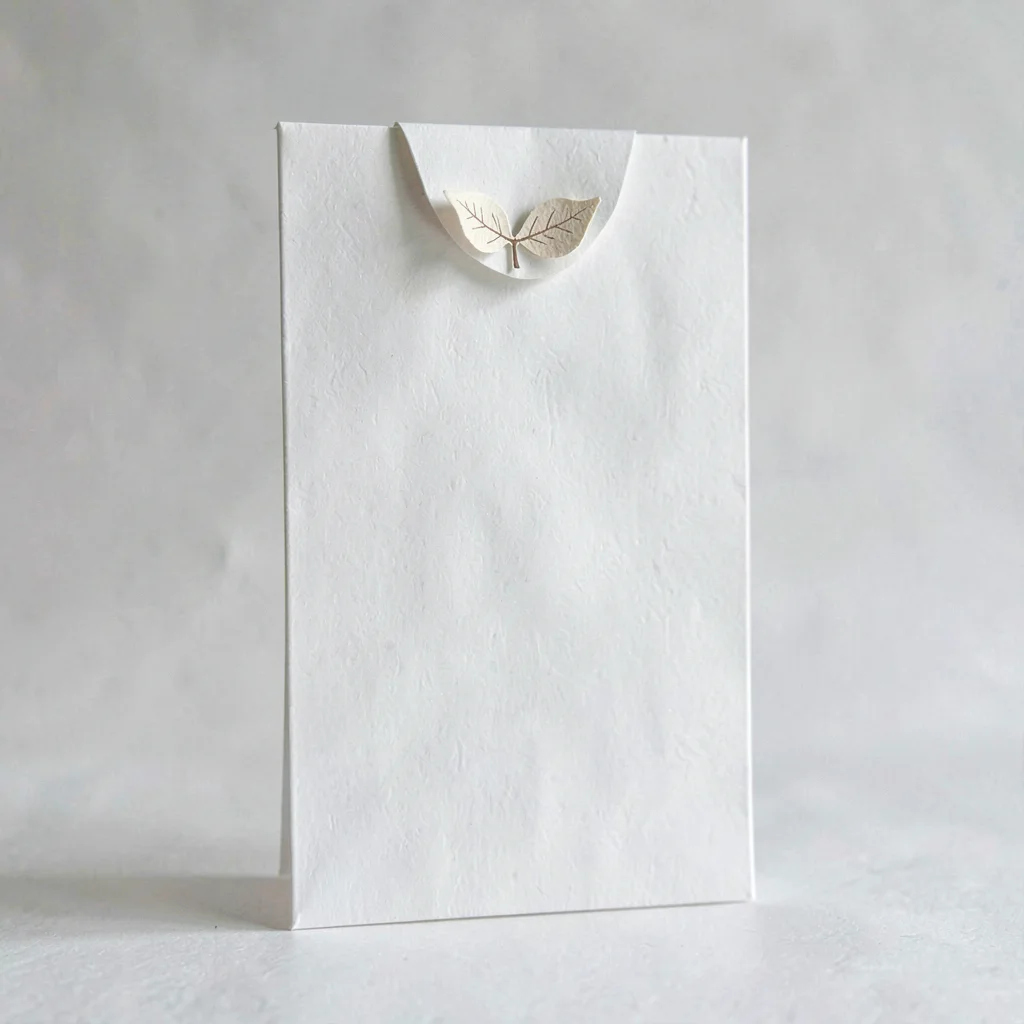 Papercraft story of a tall folded-paper letter with a small paper-cut leaf seal 