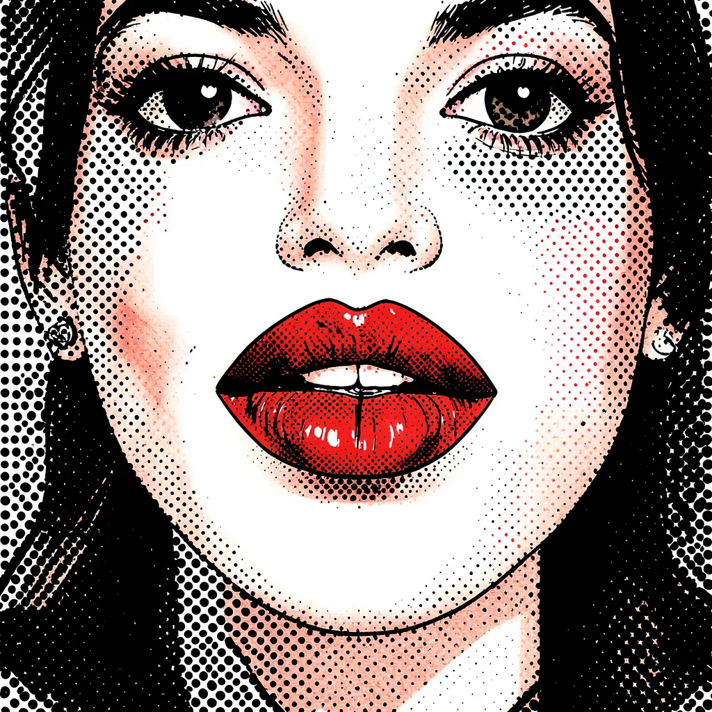 Halftone dot illustration, lips with red lipstick , Ben-Day dots, pop art aesthe