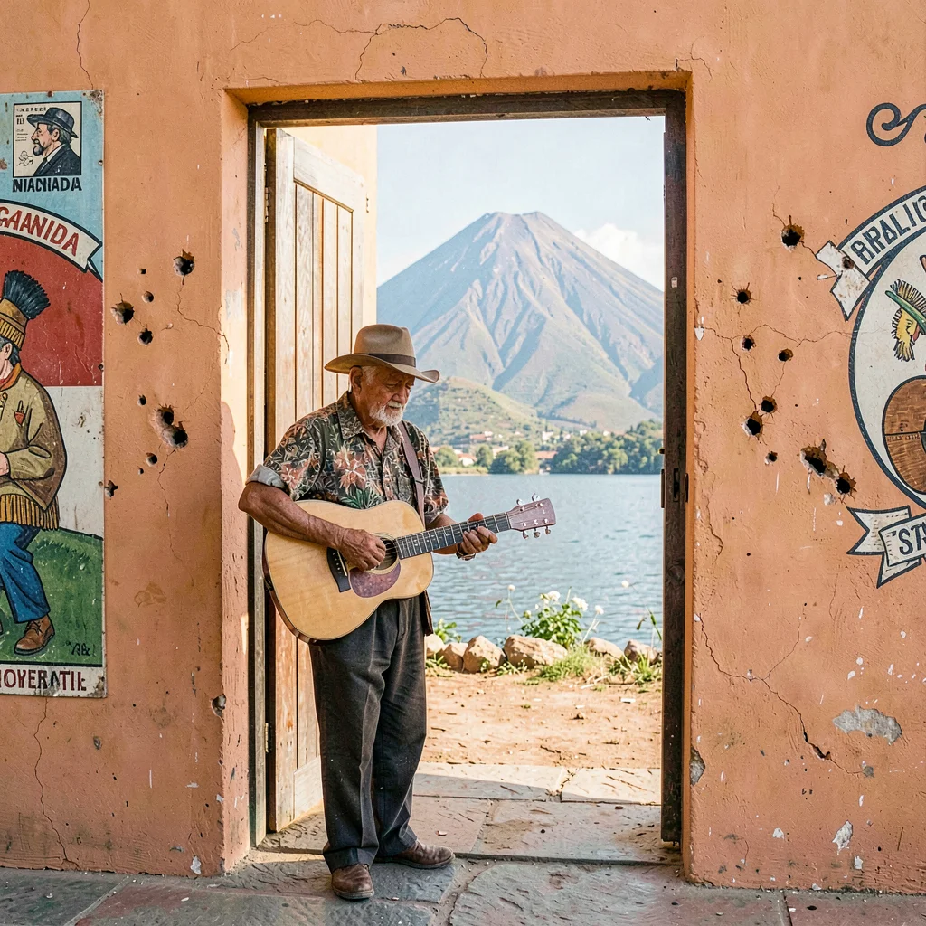 Colonial color against volcano in Granada, Nicaragua, An elderly man playing gui