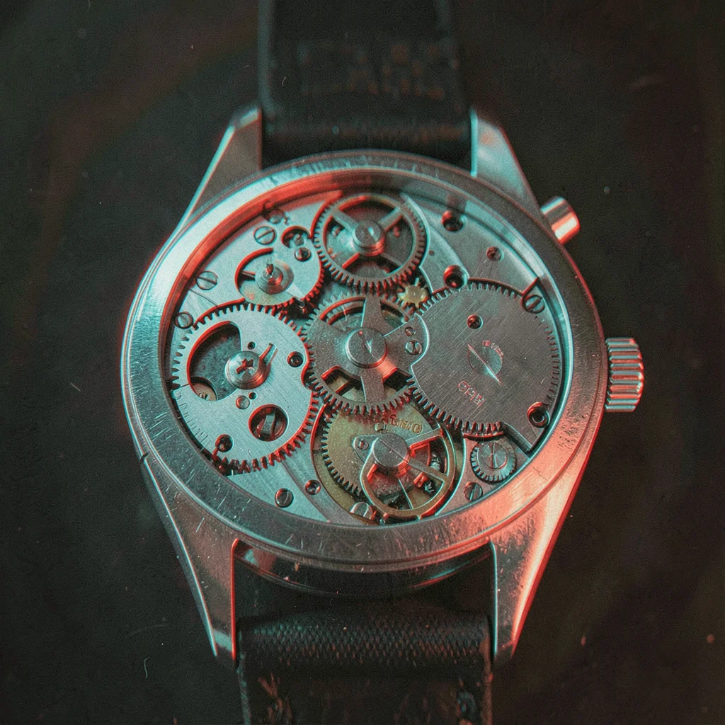 A mechanical watch movement from above, gears and springs at different heights e