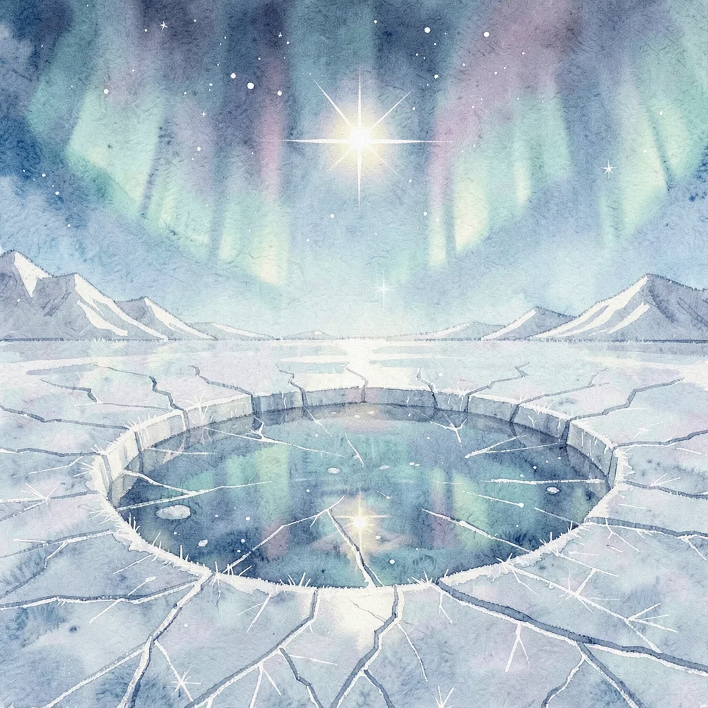 Solitary bright star burns above a frozen tide-pool ringed with sea-ice, faint a