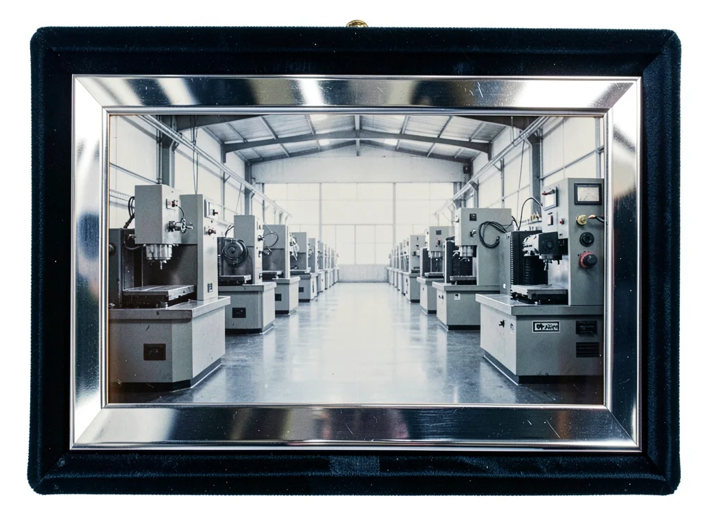 A row of eight identical CNC milling machines in a precision workshop, photograp