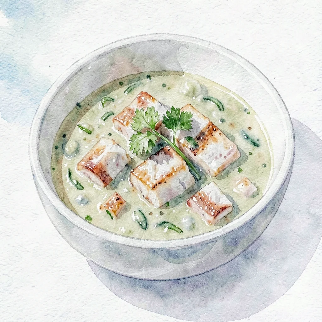 Bowl of cullen skink chowder with chunks of smoked haddock, parsley sprig