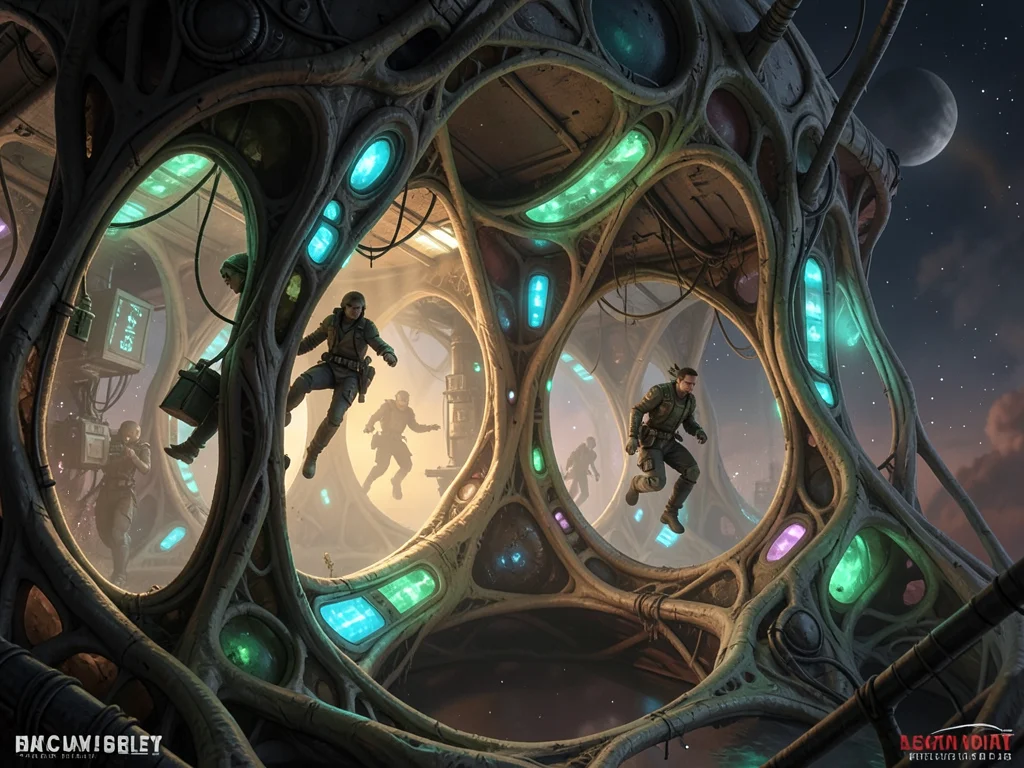 Space station with organic membrane walls, bioluminescent panels, crew floating 