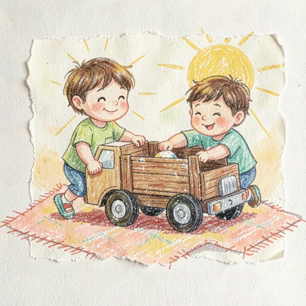 Two siblings rolling a wooden truck across a wool rug, warm sunny atmosphere