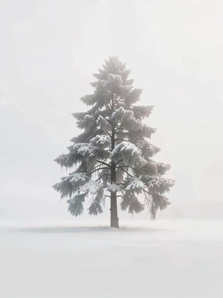 Single snow-laden pine standing out from a vast pale plain, branches drooping, t