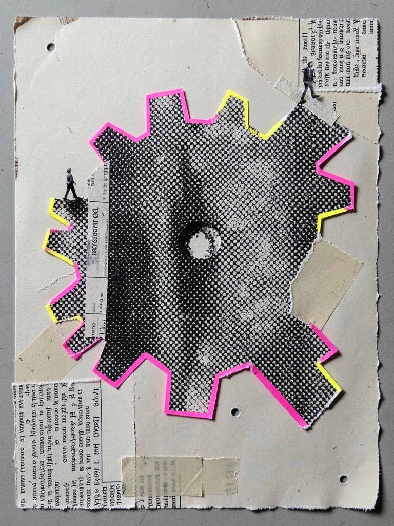 Cut-paper composition of a small figure standing on the edge of a giant halftone
