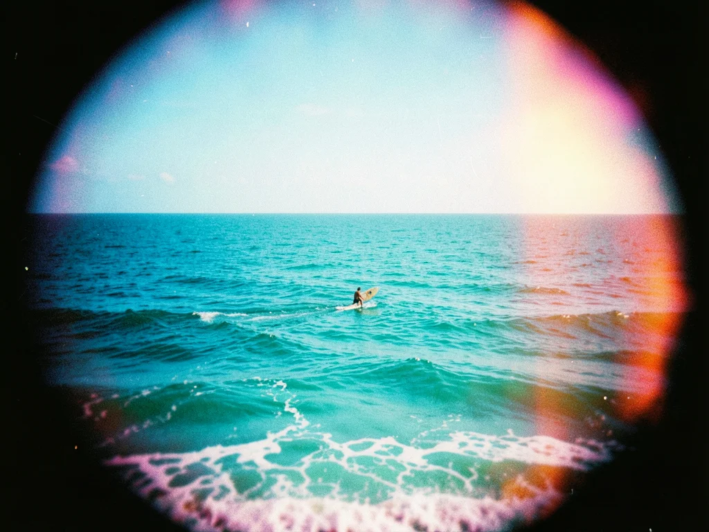 A lone surfer carrying a board toward waves, shot from far away, the figure smal