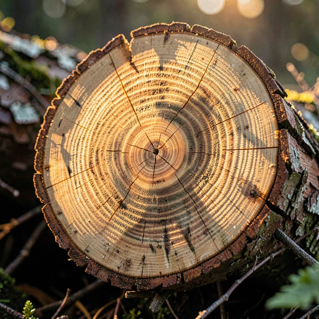Atmospheric close-up of a freshly cut log end with growth rings glowing in side 