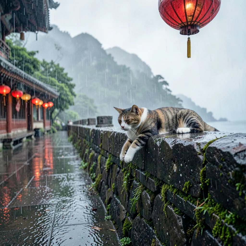 Jiufen rain beauty, wet mountain coastal, Rain-soaked cat stretching on temple w