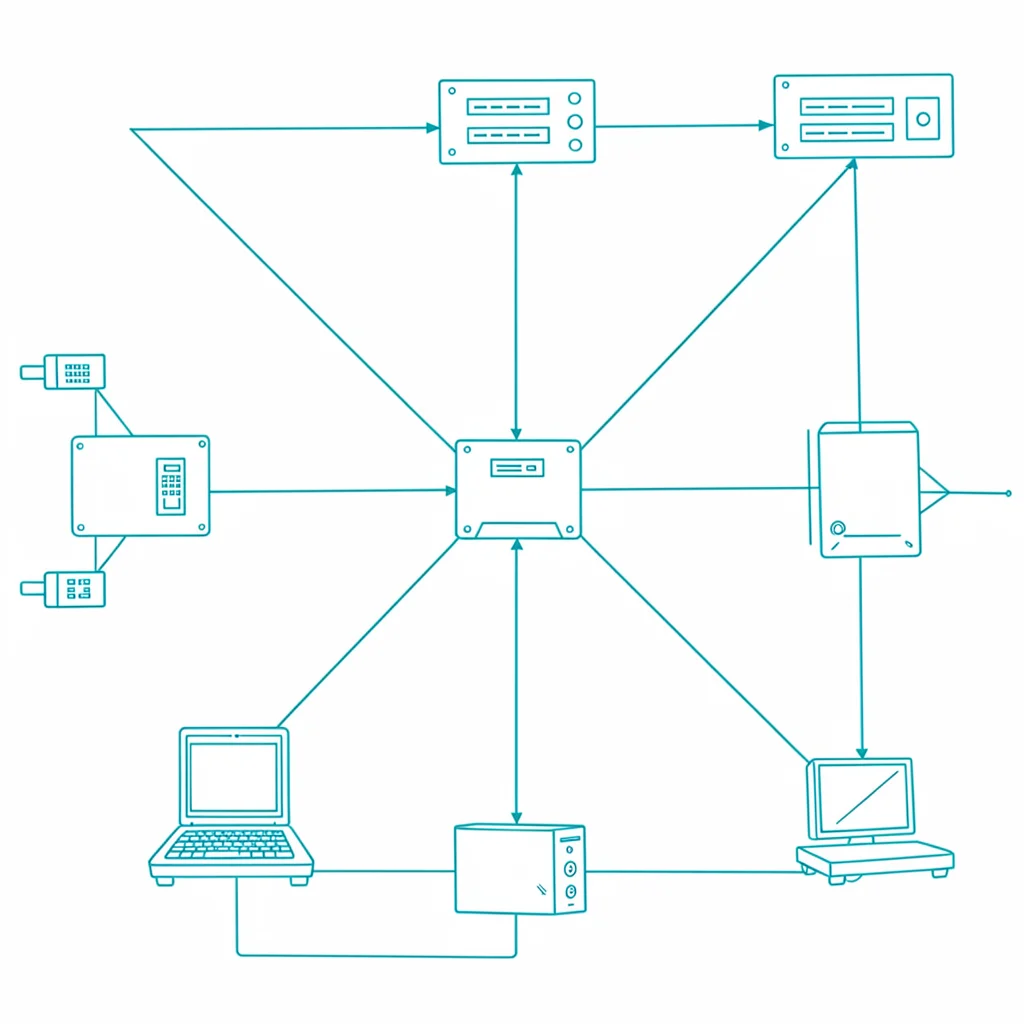 Schematic of a network topology diagram with switches, routers, and terminals, w