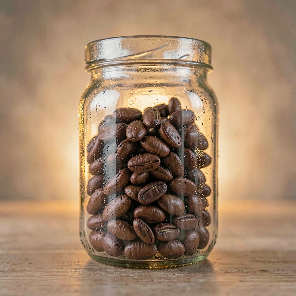 Centered hero of an unlabeled glass jar of whole roasted beans, soft warm rim gl