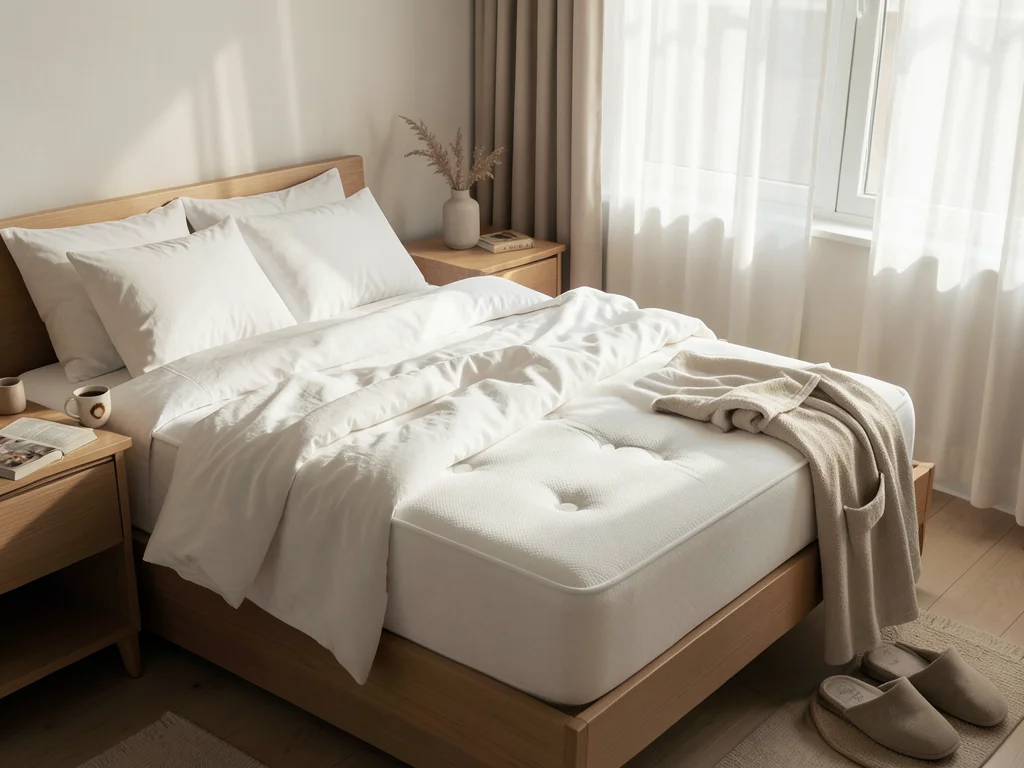 A Sunday morning bedroom — unmade bed with white linen sheets pulled back showin