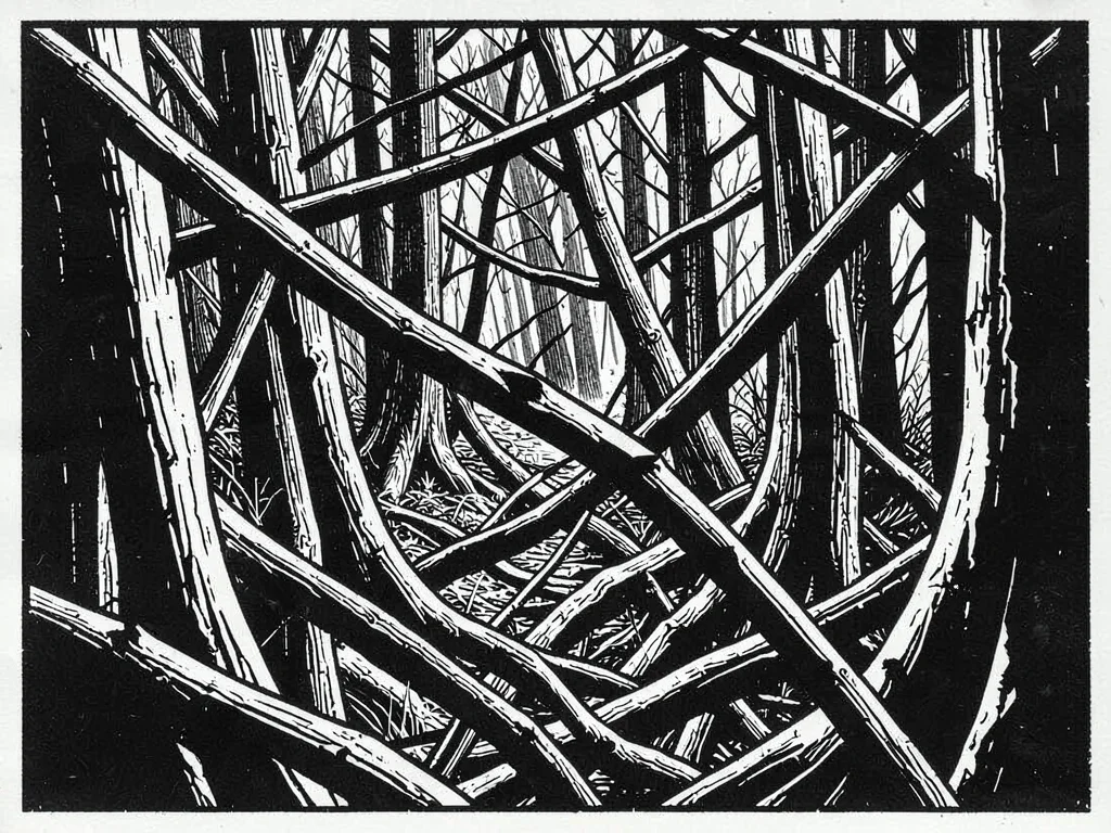 Dense forest interior, twisted branches crossing in violent black contrast