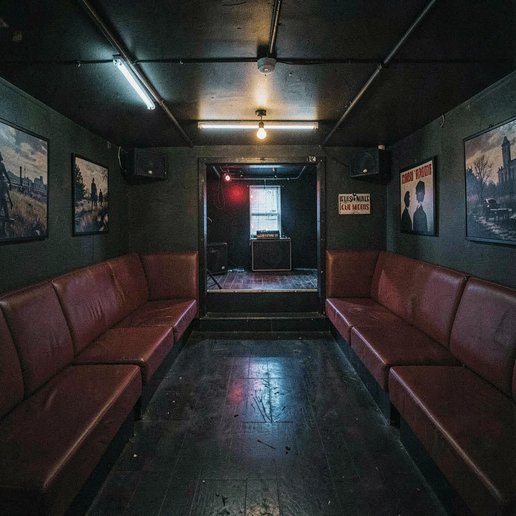 Late-night wide of a small club room with red banquettes and a tiny stage glowin