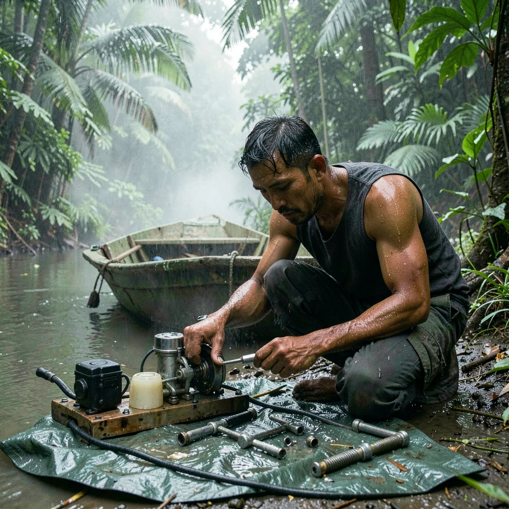 Tropical rainforest photograph, humid jungle atmosphere, A small boat engine bei