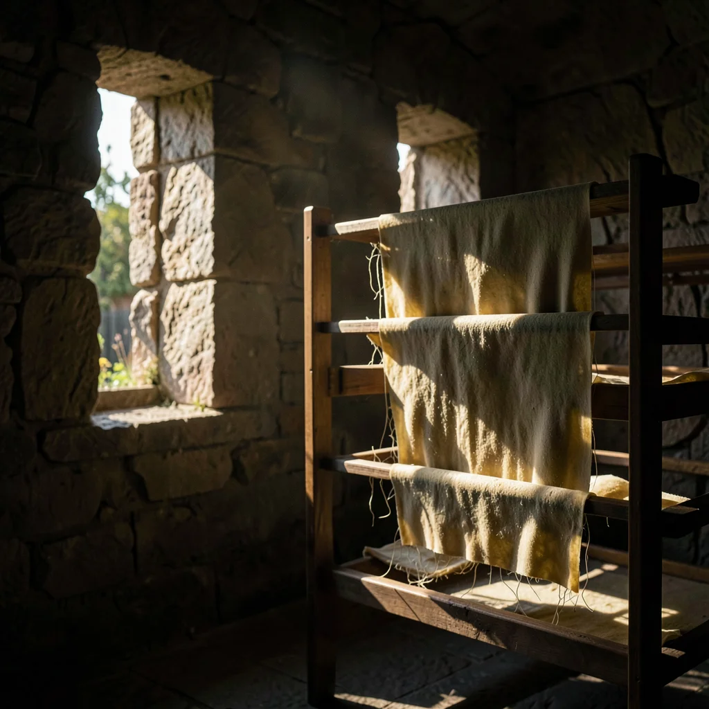 Dramatic natural light streaming through stone openings, deep chiaroscuro shadow