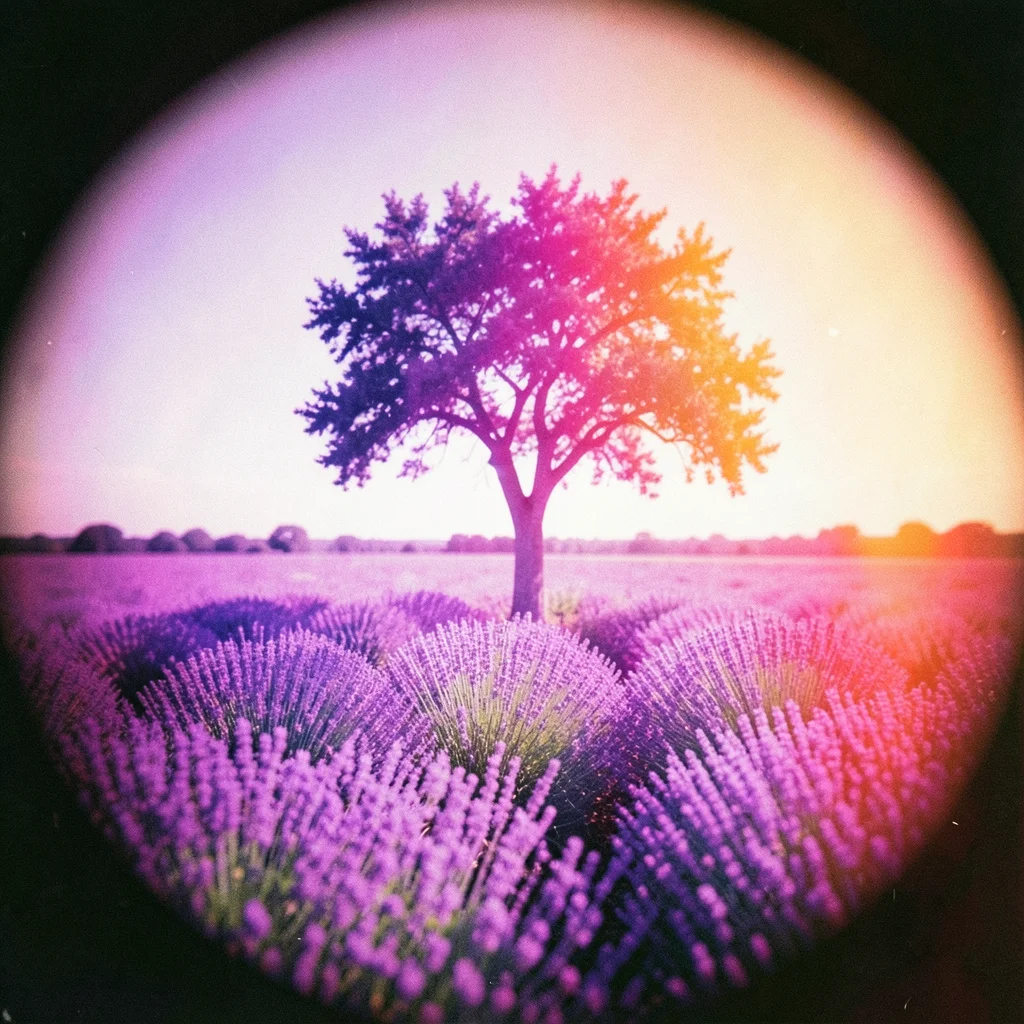 A field of lavender with a single tree, the purple pushed to electric violet, th