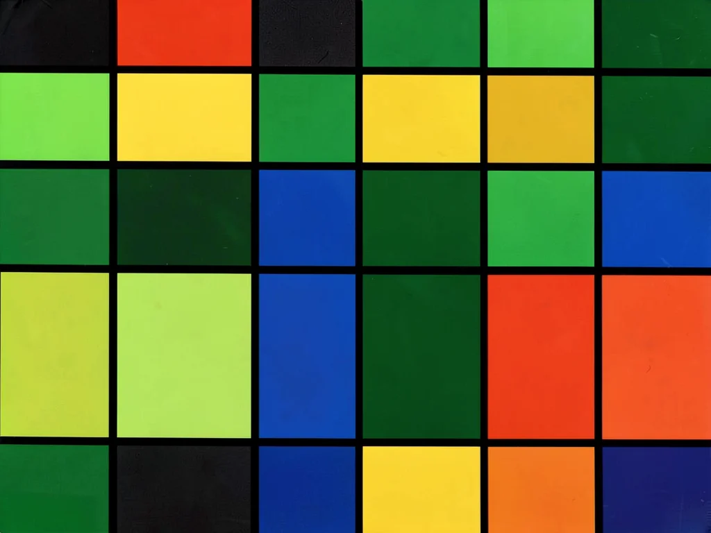Greenhouse glass panes reduced to primary color rectangles and dark divisions