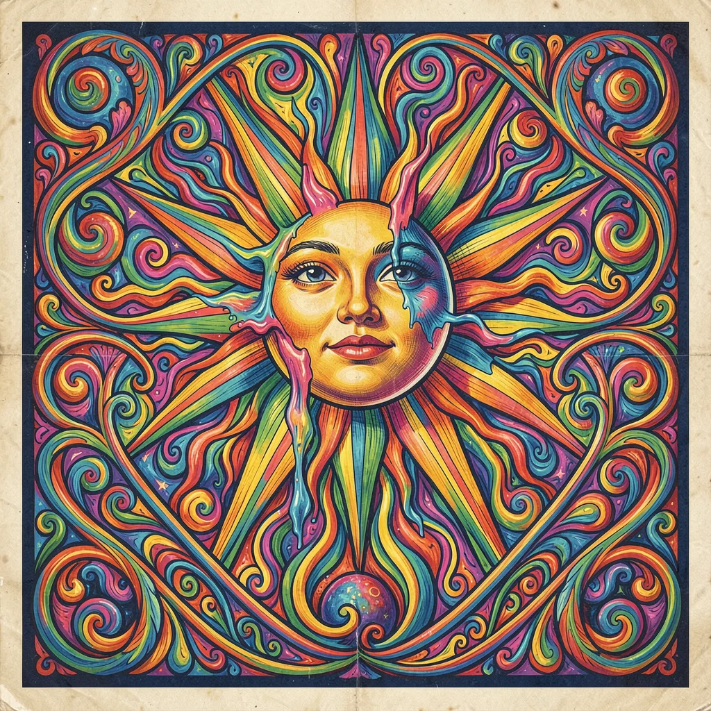 Psychedelic poster illustration, the sun with a face melting into rays , vibrati
