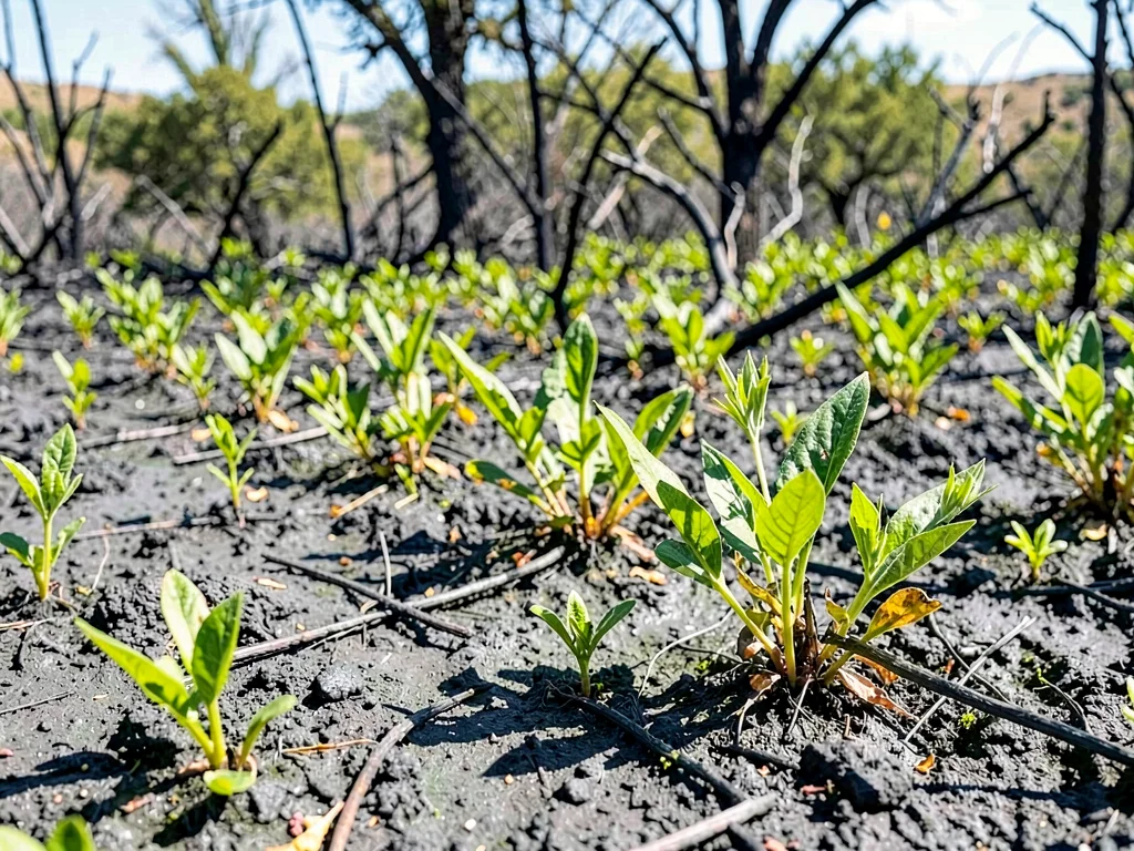 Contrast of ash gray soil with vivid regrowth