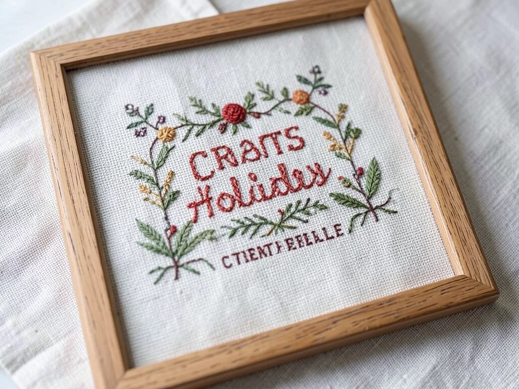 Cross-stitch sampler with holiday greeting, traditional design, framed