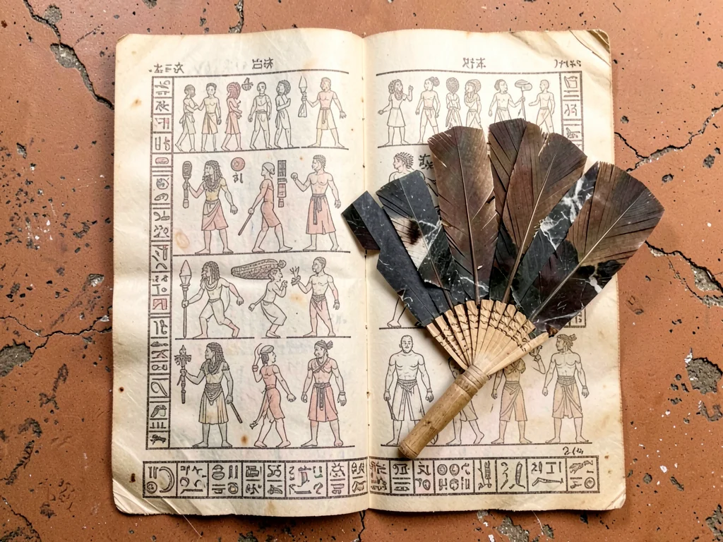 Obsidian blade and feather fan arranged as flat-lay on terracotta surface