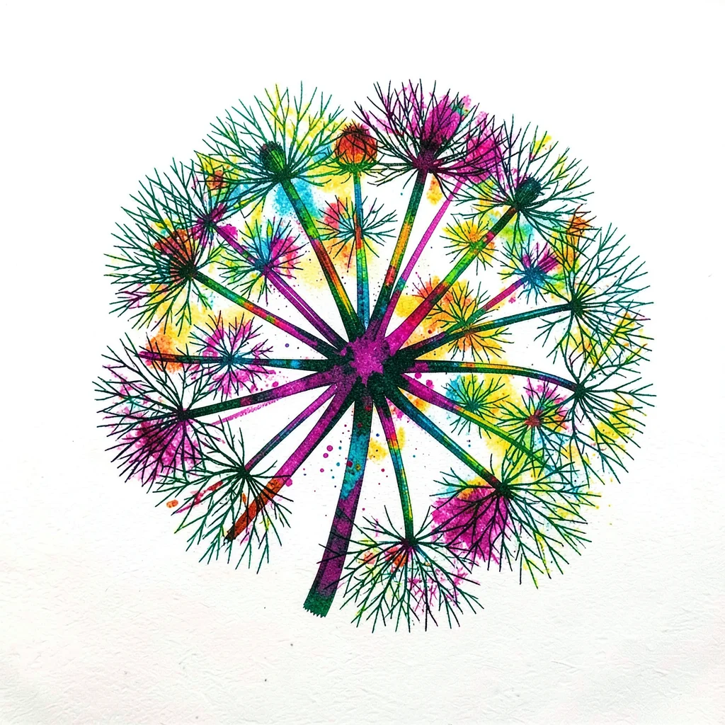 An overhead botanical study of a fennel plant — fronds spreading from a central 