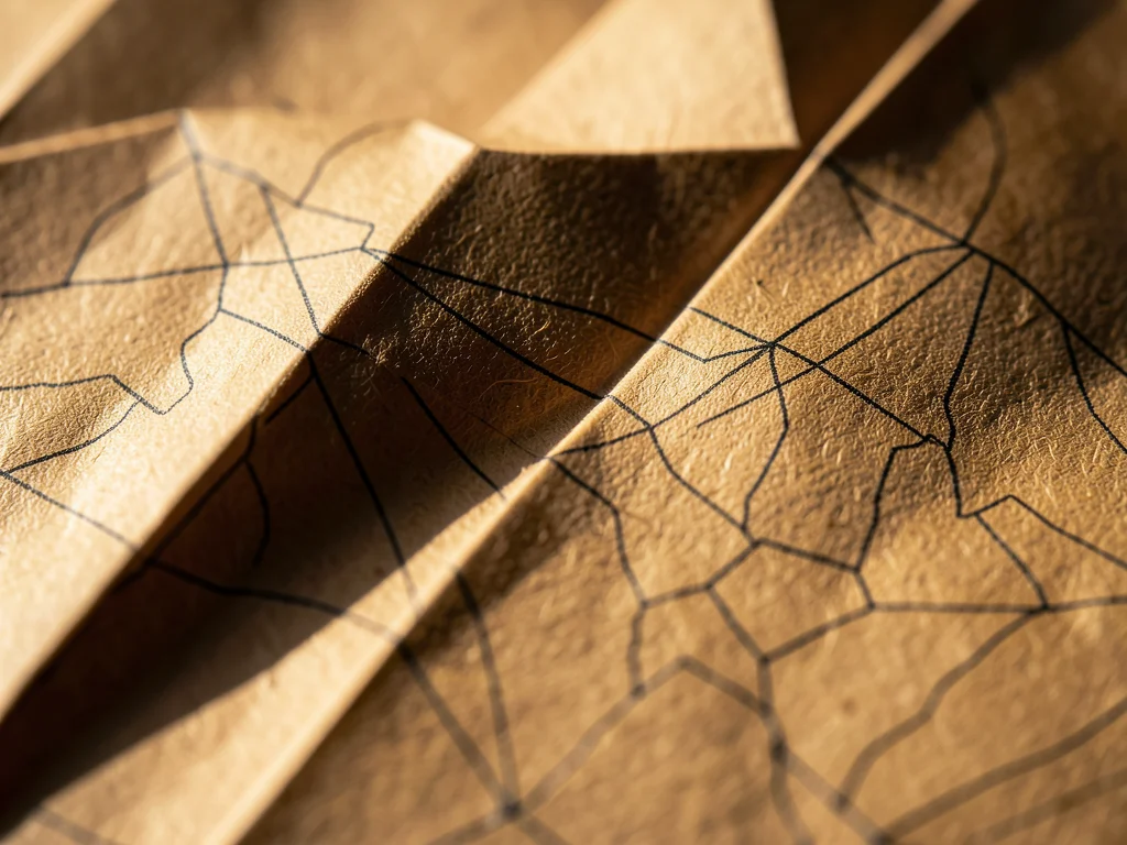 Crease pattern on unfolded paper, ghost lines of all folds visible as scored map